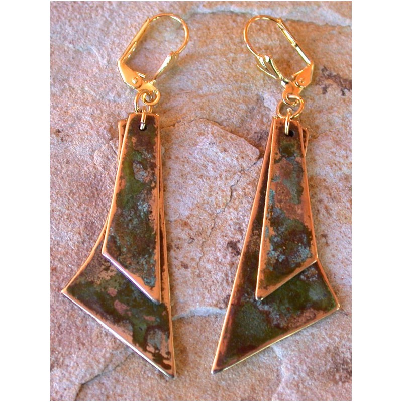 ET 909e Etched Patina Solid Brass Overlapping Abstract Asymmetrical Dangle Earrings
