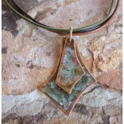 ET 109pd Etched Patina Solid Brass Overlapping Abstract Asymmetrical Pendant on Tri-color Rawhide