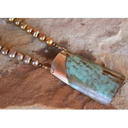 ET 691nPE Etched Patina Forged Solid Brass Elongated Barrel Necklace - Gold/Bronze Pearls