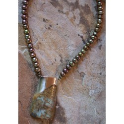 ET 99nPE Etched Patina Forged Solid Brass Tapered Barrel Necklace - Olive Pearls