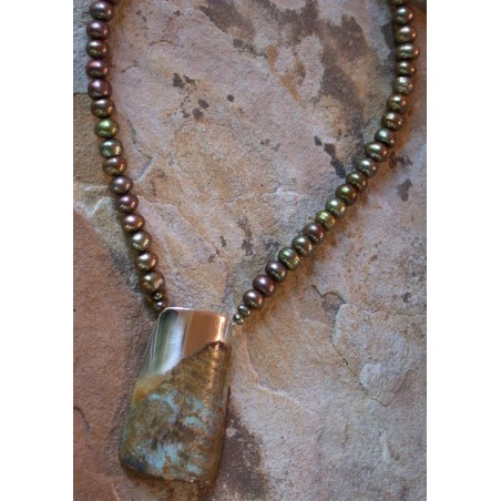 ET 99nPE Etched Patina Forged Solid Brass Tapered Barrel Necklace - Olive Pearls