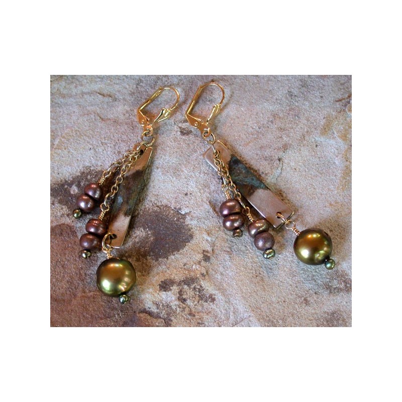 ET 99ePE Etched Patina Brass Link Triple Dangle Earrings - Bronze, Olive Pearls