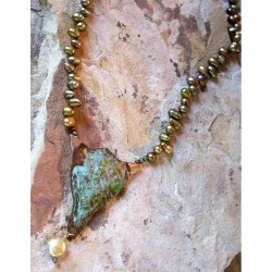 ET 111n Etched Patina Forged Solid Brass Artwear Necklace - Olive Pearls