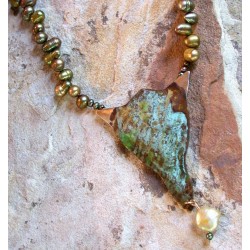 ET 111n Etched Patina Forged Solid Brass Artwear Necklace - Olive Pearls, Detail
