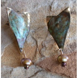 ET 11e Etched Patina Solid Brass Earrings - Gold/Bronze Pearls