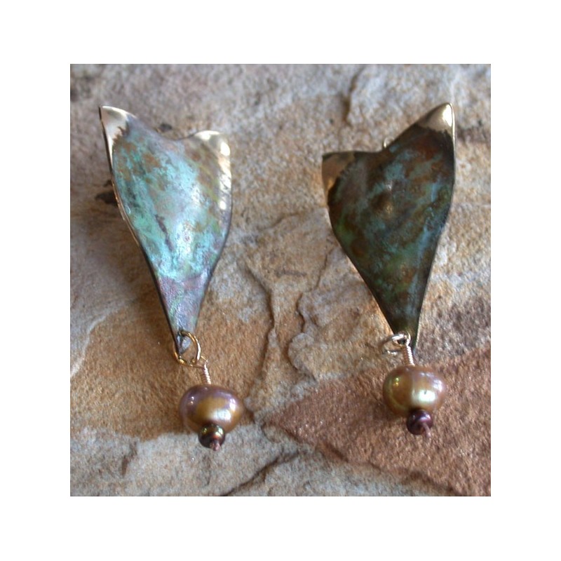 ET 11e Etched Patina Solid Brass Earrings - Gold/Bronze Pearls