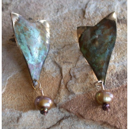 ET 11e Etched Patina Solid Brass Earrings - Gold/Bronze Pearls