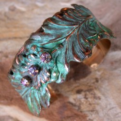 NAP410bcCR Verdigris Patina Brass Multi Leaf Cuff - Swarovski Crystals