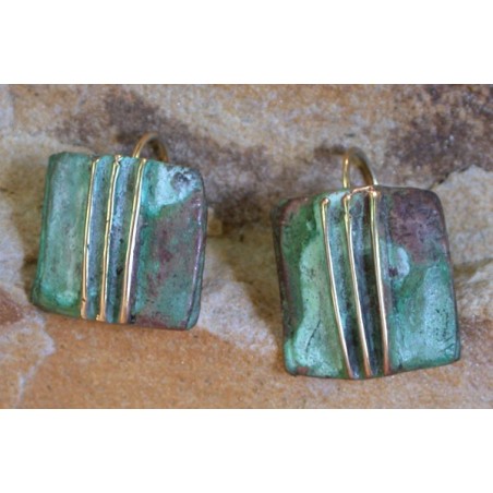 TEP87e Verdigris Patina Cast Brass Terrain Triple Ridge Earrings