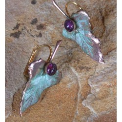 LP3424e Verdigris Patina Brass Leaf Earrings - Amethyst