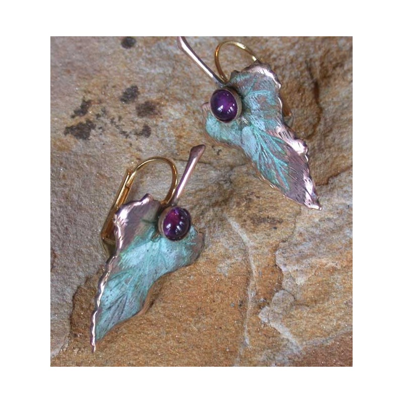 LP3424e Verdigris Patina Brass Leaf Earrings - Amethyst