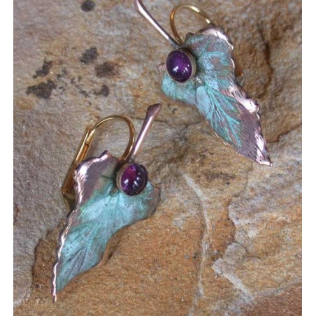 LP3424e Verdigris Patina Brass Leaf Earrings - Amethyst