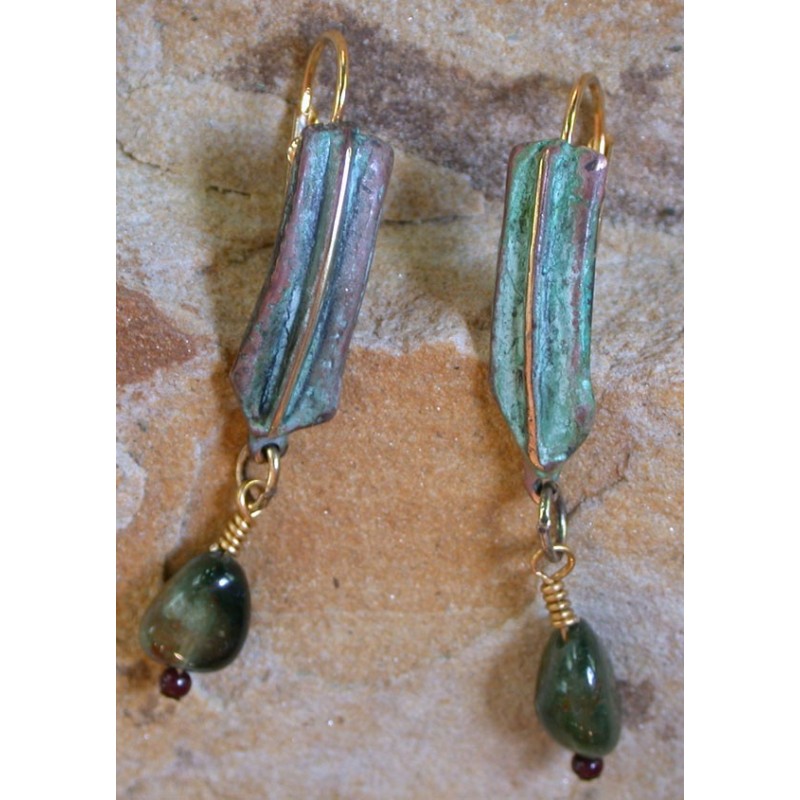 TEP81eGT Patina Cast Brass Terrain Earrings - Green Tourmaline 