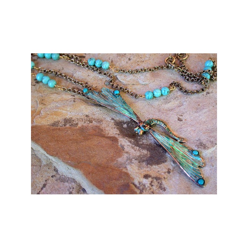 NAP30121nTU Verdigris Patina Decorative Dragonfly Necklace - Turquoise