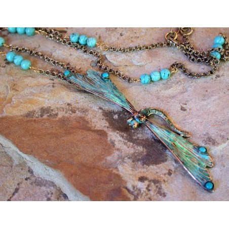 NAP30121nTU Verdigris Patina Decorative Dragonfly Necklace - Turquoise