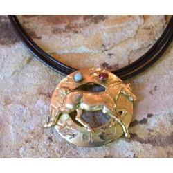 EQG3287pd Textured Washed Gold Brass Running Horse Pendant on Triple Brown Rawhide - Light Amazonite, Jasper