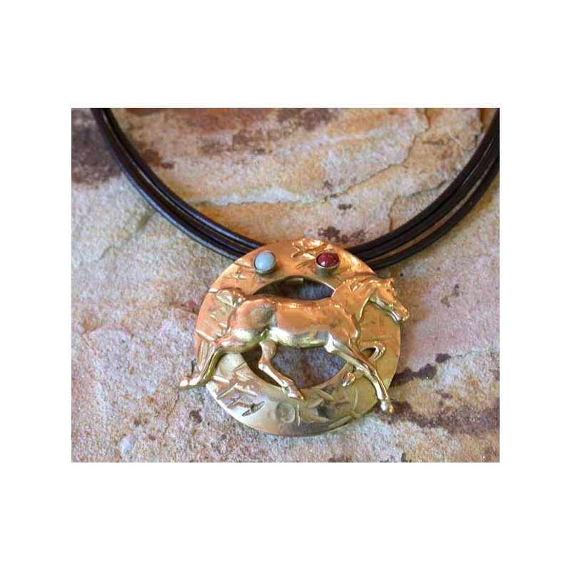 EQG3287pd Textured Washed Gold Brass Running Horse Pendant on Triple Brown Rawhide - Light Amazonite, Jasper