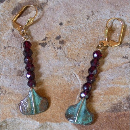 AP46e Ancestors Collection Patina Cast Brass Stylized Ginkgo Leaf Dangle Earrings - Faceted Garnet