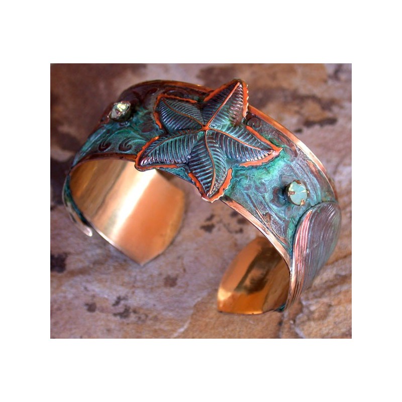 Verdigris Patina Brass Starfish, Clam, Tropical Fish Cuff - Pale Green Opal Swarovski Crystals Verdigris Patina Brass Starfish, Clam, Tropical Fish Cuff - Pale Green Opal Swarovski Crystals