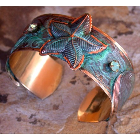 Verdigris Patina Brass Starfish, Clam, Tropical Fish Cuff - Pale Green Opal Swarovski Crystals