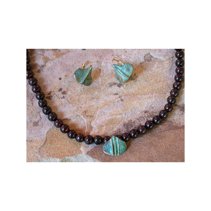 AP47n & AP45e Ancestors Collection Stylized Ginkgo Leaf Necklace and Earrings Set - Garnet