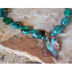 RSP41pdCT  Lost Wax Cast Brass Rose Leaf Necklace - Chinese Turquoise 