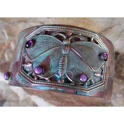 BUP41cf AVerdigris Patina Solid Brass Butterfly Cuff - Amethyst, Chariote.
