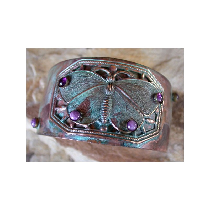 BUP41cf AVerdigris Patina Solid Brass Butterfly Cuff - Amethyst, Chariote.