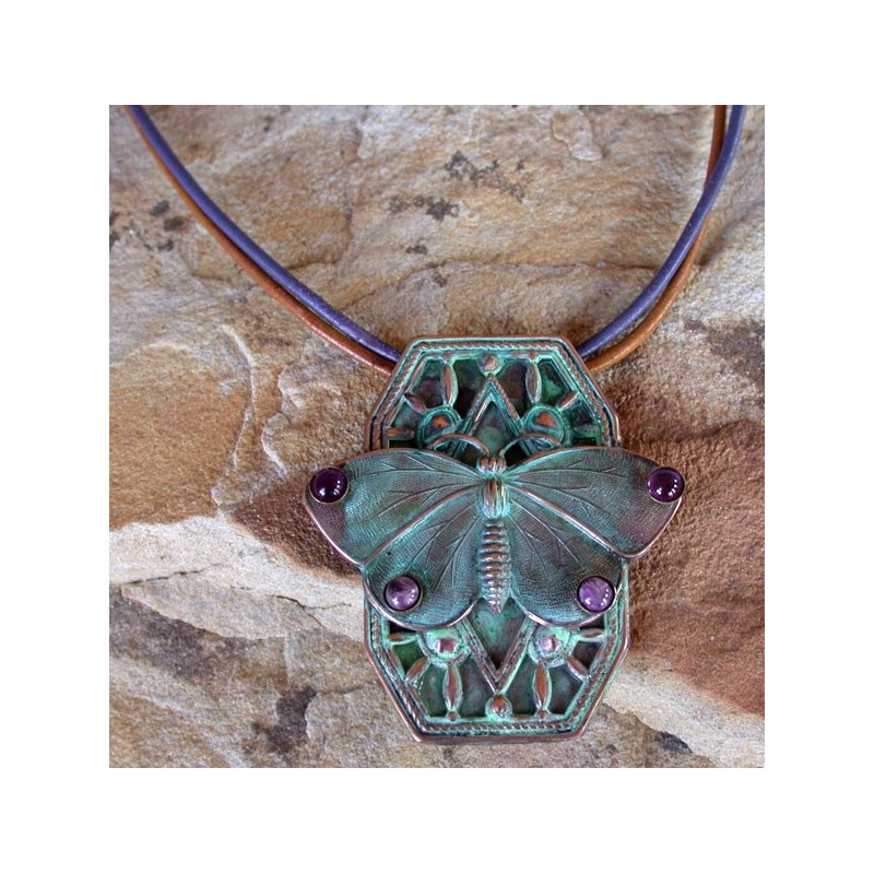 BUP41pd Verdigris Patina Solid Brass Butterfly Pendant - Amethyst, Chariote