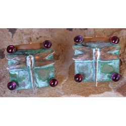 NAP676e Verdigris Patina Solid Brass Dragonfly on Etched Square Earrings - Amethyst and Garnet