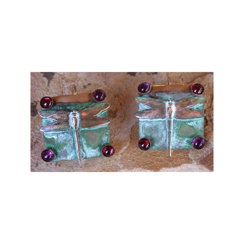 NAP676e Verdigris Patina Solid Brass Dragonfly on Etched Square Earrings - Amethyst and Garnet