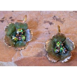 NAO86eDV Olive Patina Solid Brass Sculptural Flower Earrings - Dark Vitrail Swarovski Crystals 