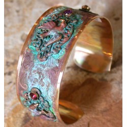 NP88bc Verdigris Patina Brass Birds with Victorian Filigree Motif Cuff - Amethyst, Carnelian, Garnet