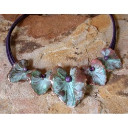 NP837n Verdigris Patina Brass 5 Piece Graduated Caladium Leaves Necklace - Amethyst, Chariote 