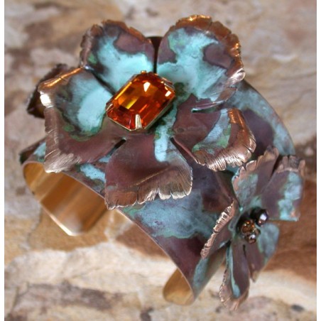 NP8614cf Verdigris Patina  Sculptural Flowers Cuff - Topaz Swarovski Crystals