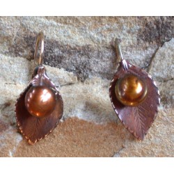 NE877e Earth Patina Brass Leaf Earrings - Bronze Pearls