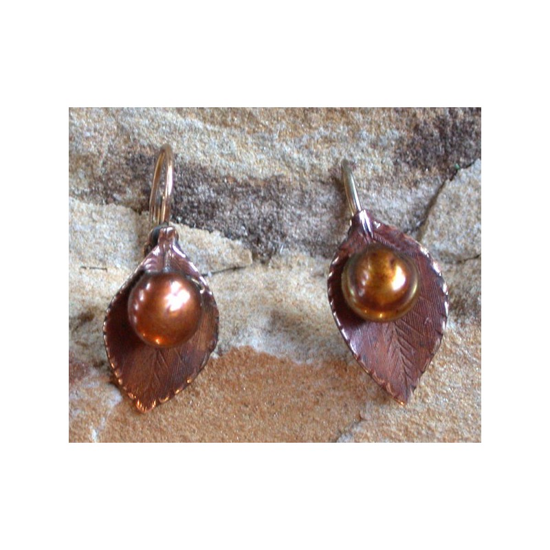 NE877e Earth Patina Brass Leaf Earrings - Bronze Pearls