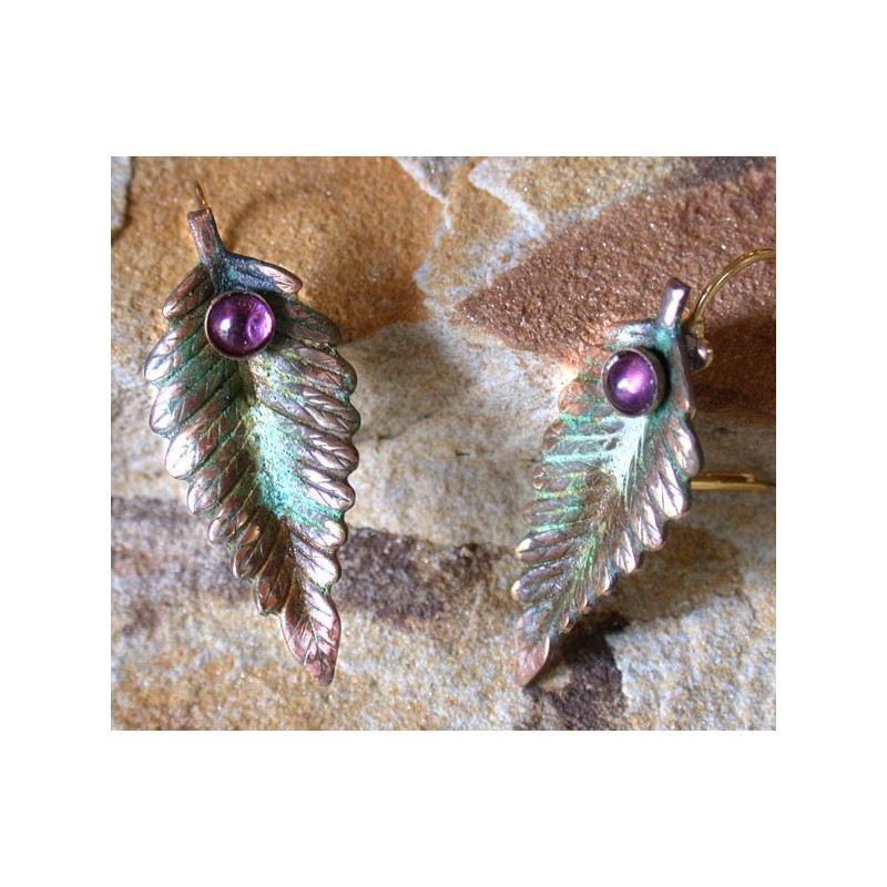 NO8413e Olive Patina Brass Fern Leaf Earrings - Amethyst