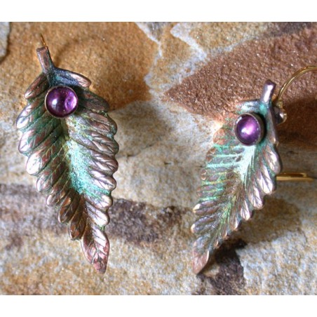 NO8413e Olive Patina Brass Fern Leaf Earrings - Amethyst