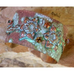 NP309cf Verdigris Patina Solid Brass Daffodil Cuff - Swarovski Crystals