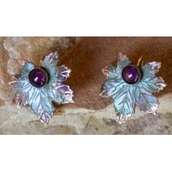 NP8796e Verdigris Patina Solid Brass Maple Leaf Earrings - Amethyst