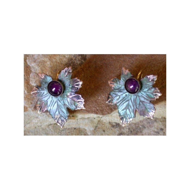 NP8796e Verdigris Patina Solid Brass Maple Leaf Earrings - Amethyst