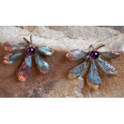 NP912e Verdigris Patina Solid Brass Chestnut Leaf Earrings - Amethyst 