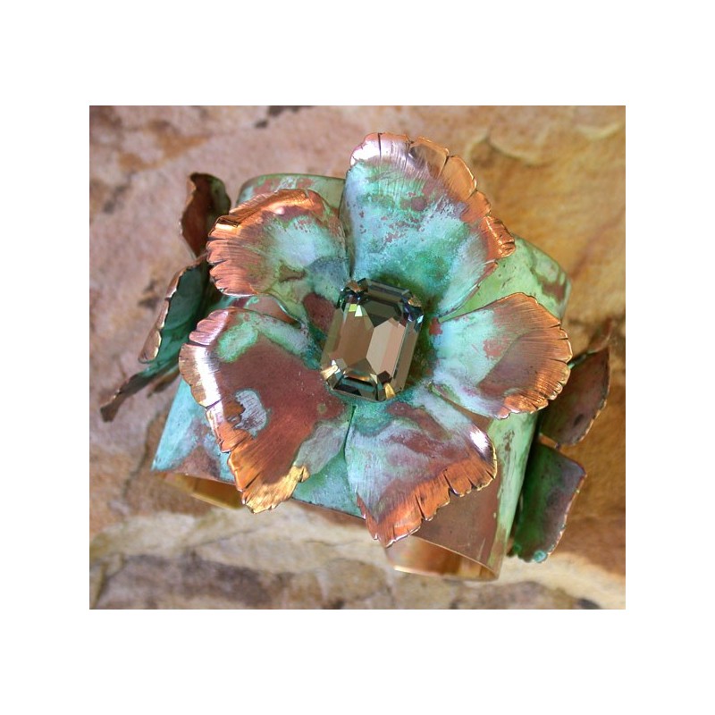 NP8614cf Verdigris Patina Solid Brass Sculptural Flowers Cuff - Swarovski Crystals NP8614cf Verdigris Patina Solid Brass Sculptural Flowers Cuff - Swarovski Crystals