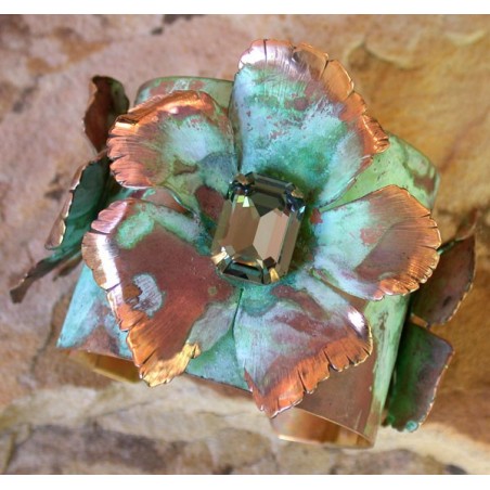 NP8614cf Verdigris Patina Solid Brass Sculptural Flowers Cuff - Swarovski Crystals