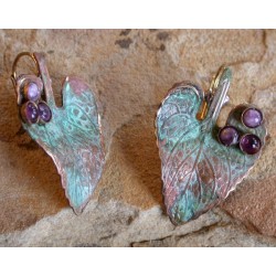 NP4603e Verdigris Patina Solid Brass Leaf Earrings - Amethyst, Charoite