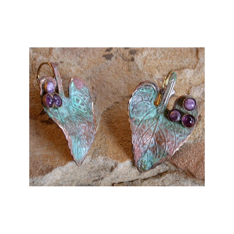 NP4603e Verdigris Patina Solid Brass Leaf Earrings - Amethyst, Charoite