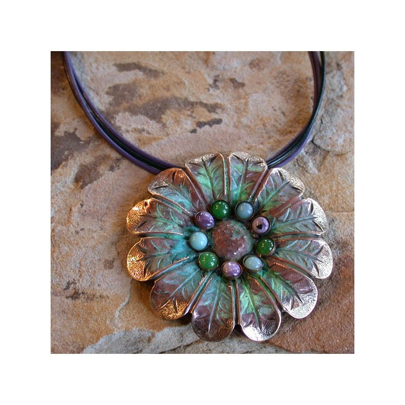 NAP849pd Verdigris Patina Brass Large Stylized Zinnia Pendant - Chariote, Light Amazonite, Nephrite Jade 