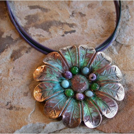 NAP849pd Verdigris Patina Brass Large Stylized Zinnia Pendant - Chariote, Light Amazonite, Nephrite Jade 