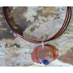 TRM32pd Hand Hammered Copper and Sterling Layered Bimetal Overlapping Ovals Pendant on Metallic Rawhide
